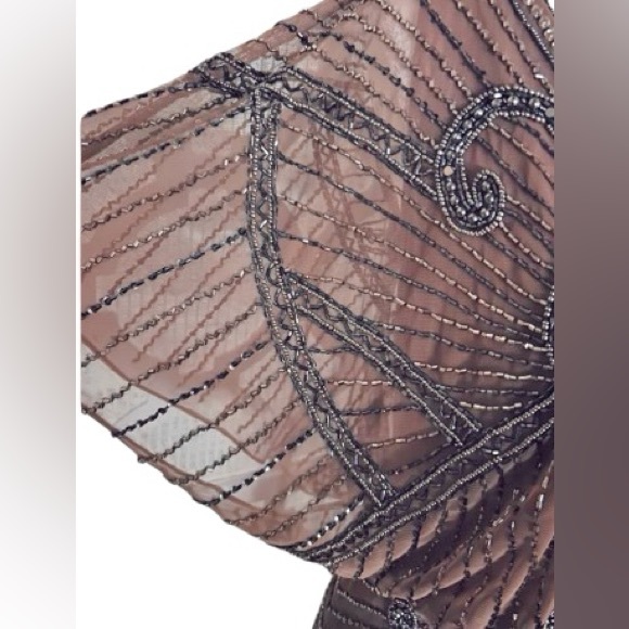 1920s Flapper Aidan Mattox 2 Tan Beaded Sheer Illusion Nude Designer Extra Smsll - Picture 5 of 12